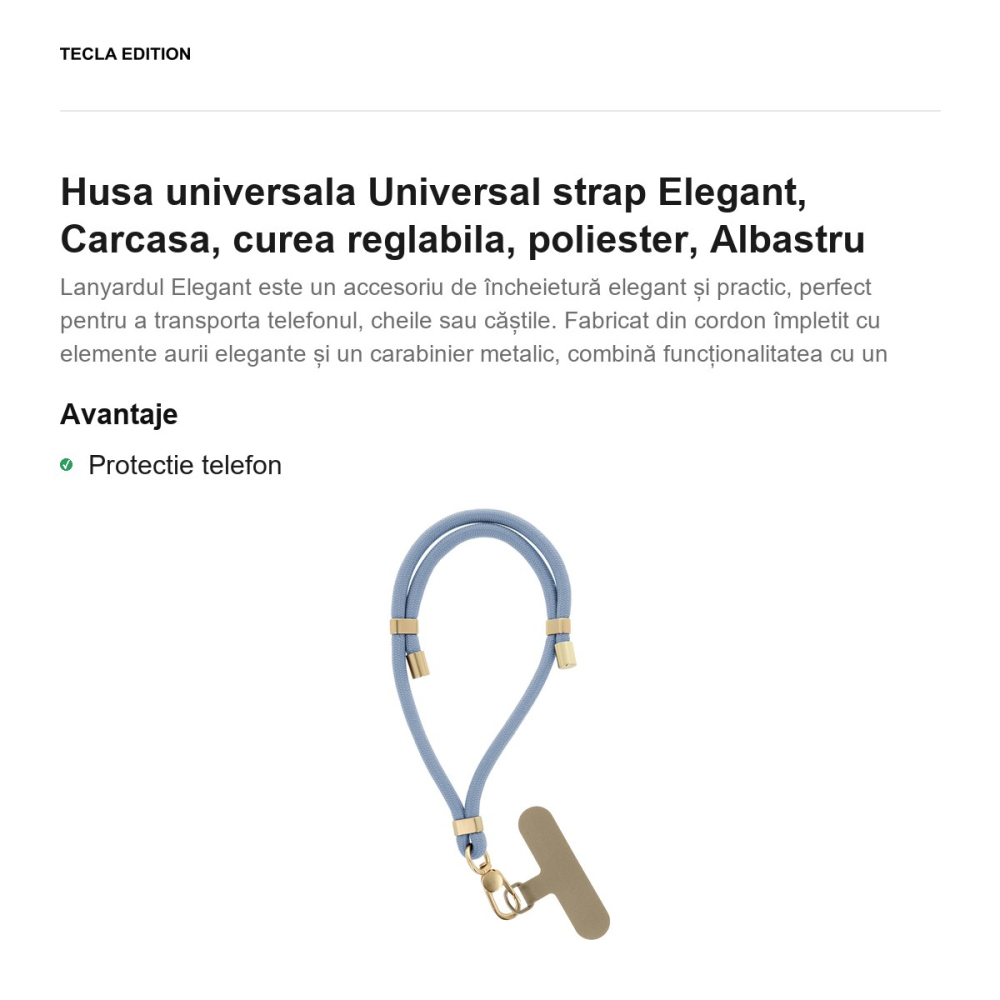 Bratara Elegant pentru telefon, lungime 50 cm, grosime 6mm, prindere la incheietura mainii, carabiniera metalica, cu insertie inclusa pentru montare sub carcasa, poliester, Albastra [2]