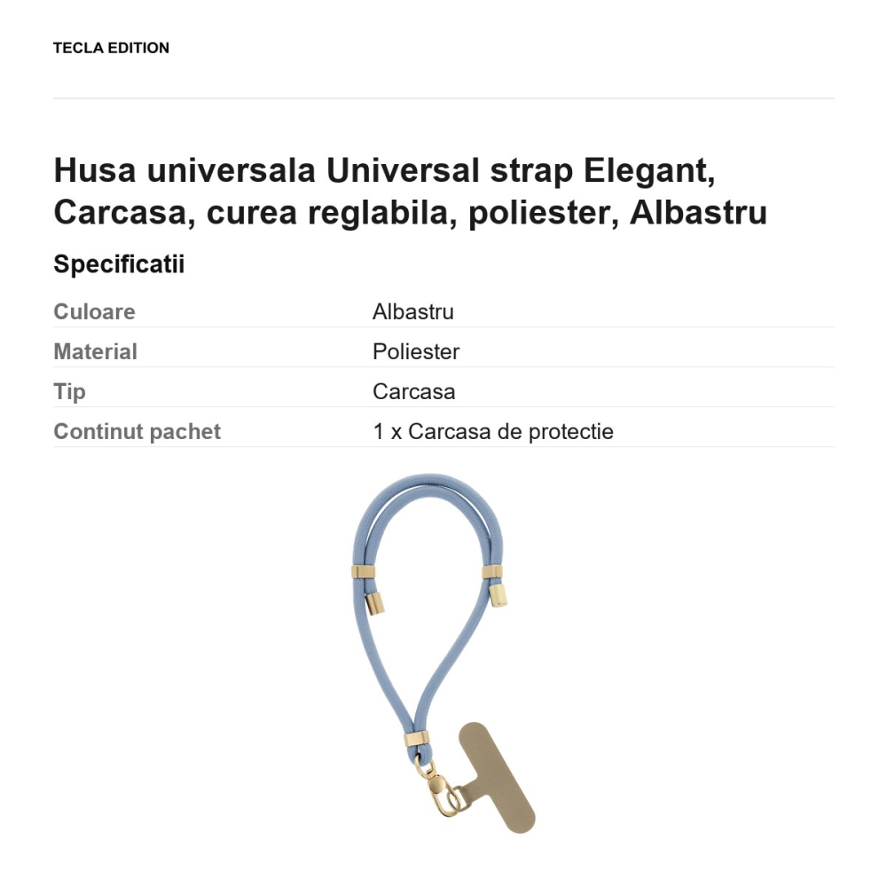 Bratara Elegant pentru telefon, lungime 50 cm, grosime 6mm, prindere la incheietura mainii, carabiniera metalica, cu insertie inclusa pentru montare sub carcasa, poliester, Albastra [3]