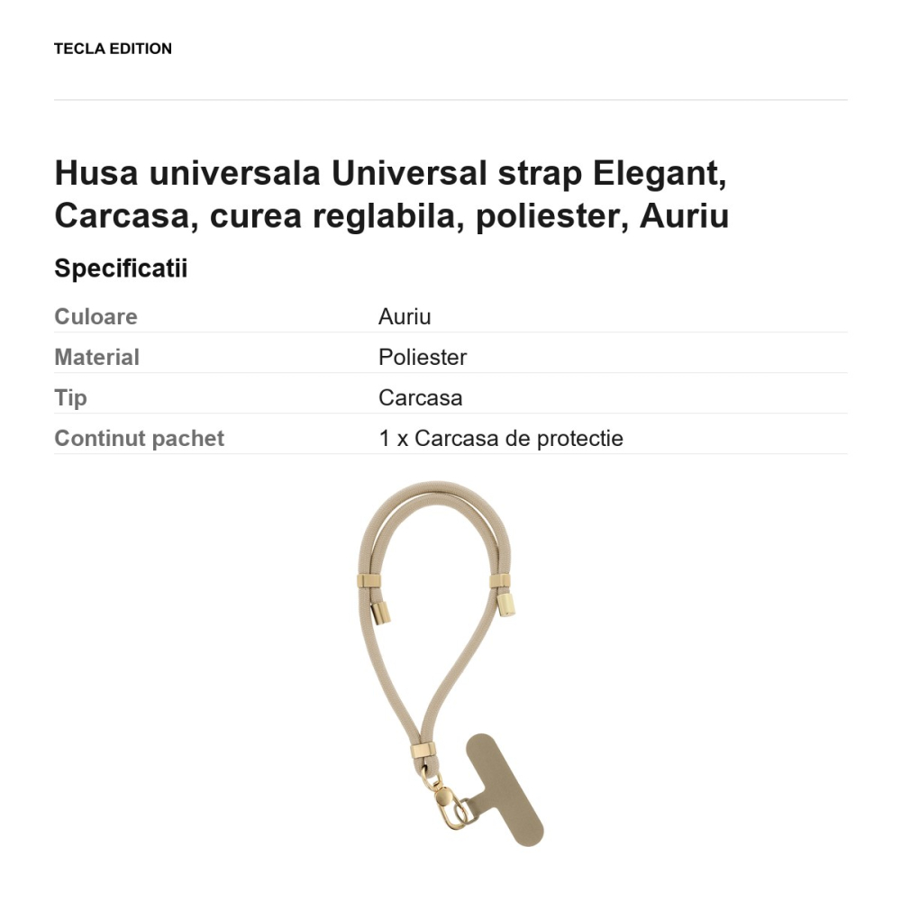 Bratara Elegant pentru telefon, lungime 50 cm, grosime 6mm, prindere la incheietura mainii, carabiniera metalica, cu insertie inclusa pentru montare sub carcasa, poliester, Aurie [3]