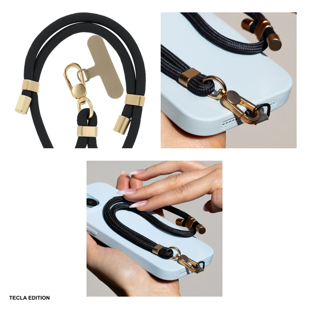 Bratara Elegant pentru telefon, lungime 50 cm, grosime 6mm, prindere la incheietura mainii, carabiniera metalica, cu insertie inclusa pentru montare sub carcasa, poliester, Neagra [4]