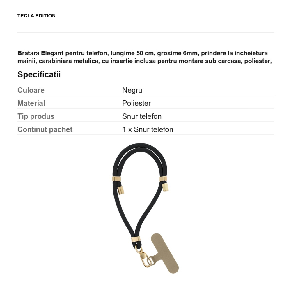 Bratara Elegant pentru telefon, lungime 50 cm, grosime 6mm, prindere la incheietura mainii, carabiniera metalica, cu insertie inclusa pentru montare sub carcasa, poliester, Neagra [3]