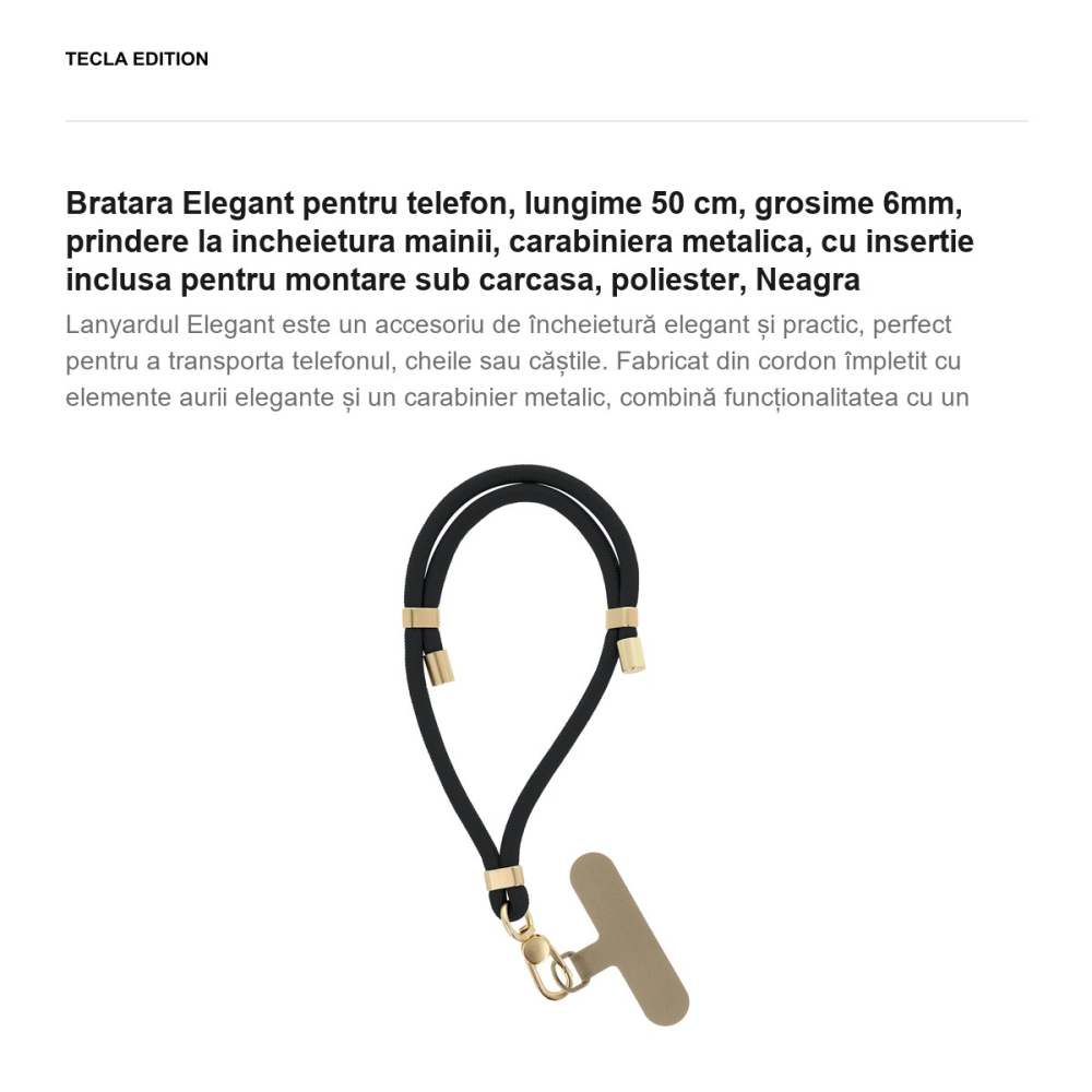 Bratara Elegant pentru telefon, lungime 50 cm, grosime 6mm, prindere la incheietura mainii, carabiniera metalica, cu insertie inclusa pentru montare sub carcasa, poliester, Neagra [2]