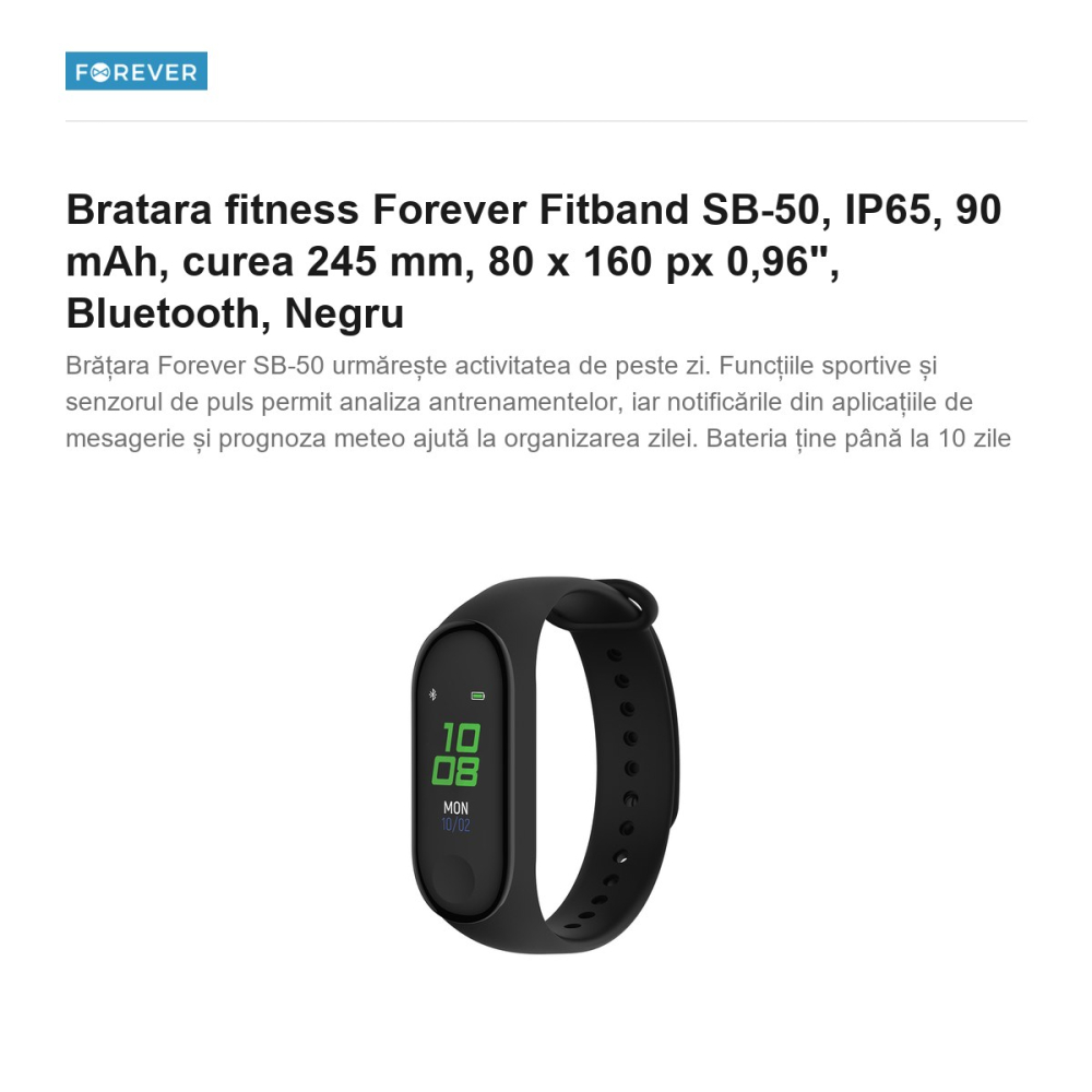 Bratara fitness Forever Fitband SB-50, IP65, 90 mAh, curea 245 mm, 80 x 160 px 0,96", Bluetooth, Negru [2]