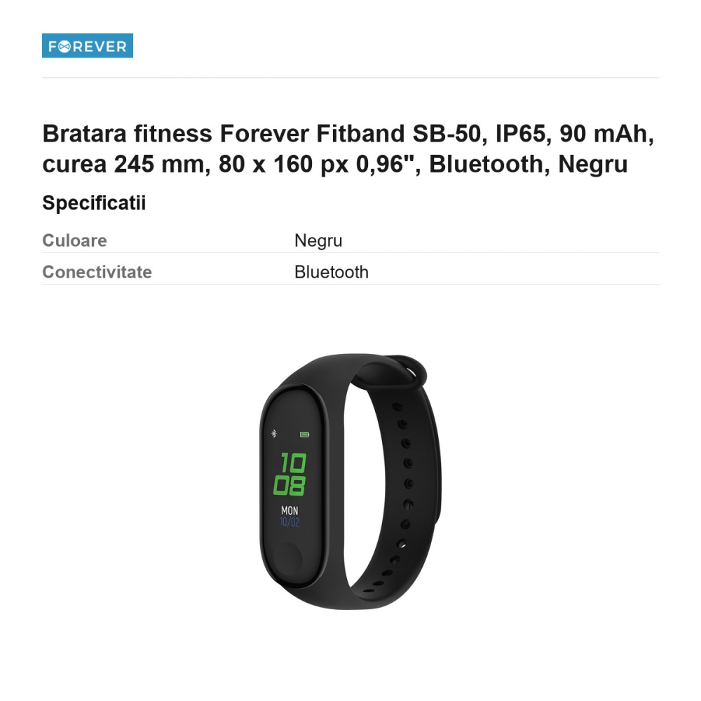 Bratara fitness Forever Fitband SB-50, IP65, 90 mAh, curea 245 mm, 80 x 160 px 0,96", Bluetooth, Negru [3]