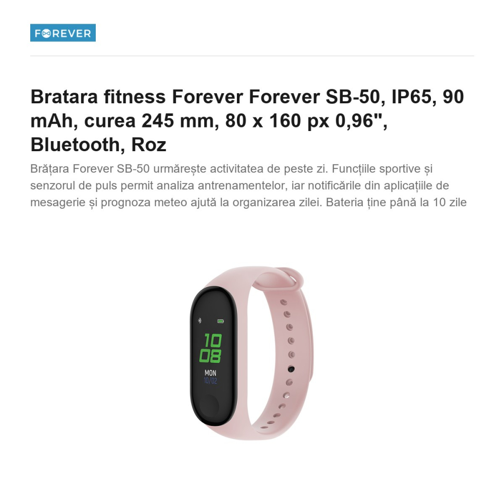 Bratara fitness Forever Forever SB-50, IP65, 90 mAh, curea 245 mm, 80 x 160 px 0,96", Bluetooth, Roz [2]