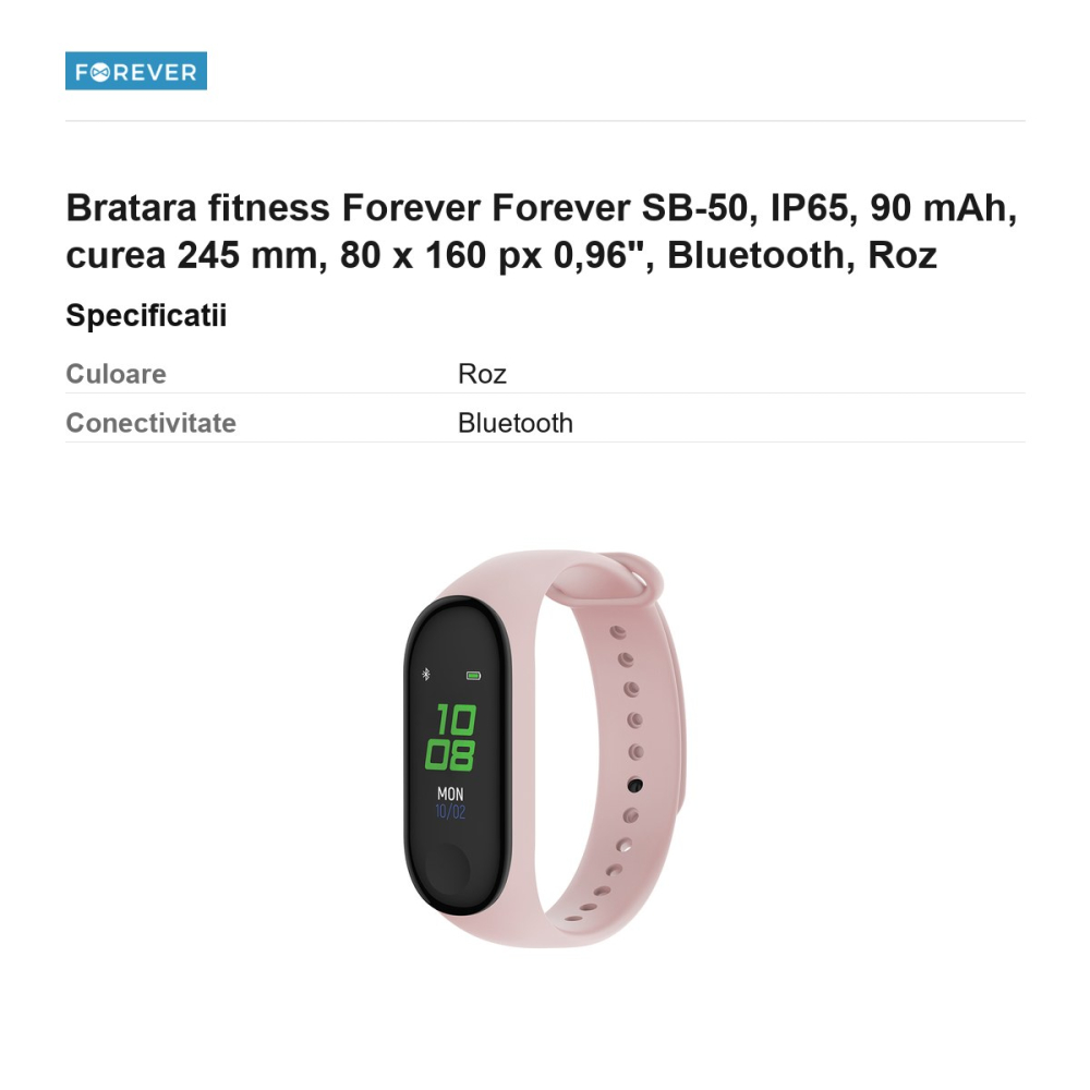 Bratara fitness Forever Forever SB-50, IP65, 90 mAh, curea 245 mm, 80 x 160 px 0,96", Bluetooth, Roz [3]