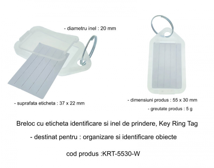 Breloc alb, 55 x 30 mm, cu eticheta identificare si inel de prindere, Key Ring Tag, din plastic [5]
