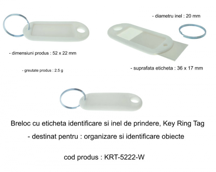 Breloc alb cu eticheta identificare si inel de prindere, Key Ring Tag, 52 x 22 mm, din plastic [6]