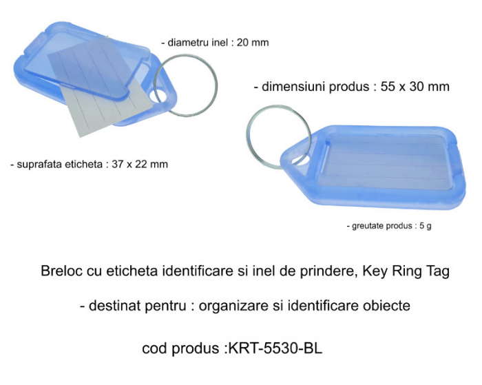 Breloc albastru, 55 x 30 mm, cu eticheta identificare si inel de prindere, Key Ring Tag, din plastic [4]