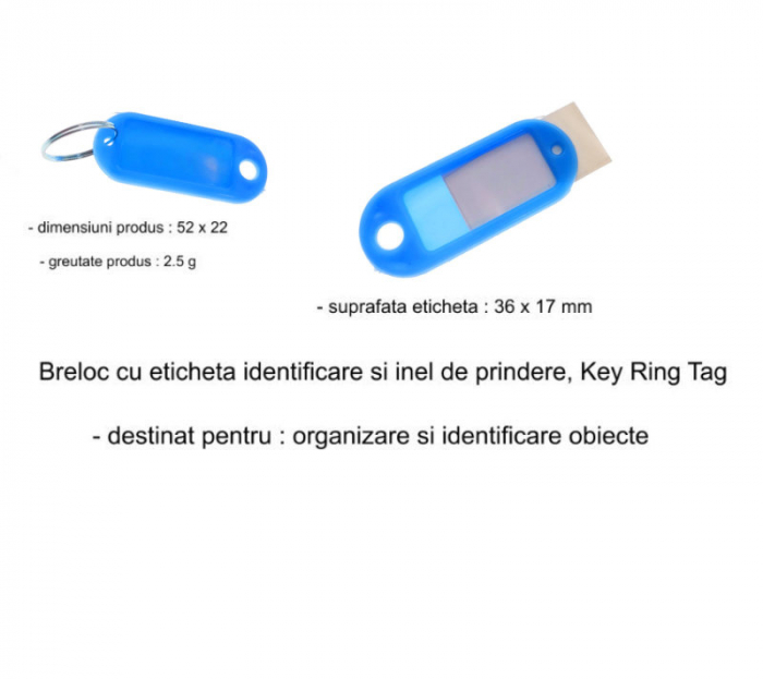 Breloc albastru deschis, cu eticheta identificare si inel de prindere, Key Ring Tag, 52 x 22 mm, din plastic [4]