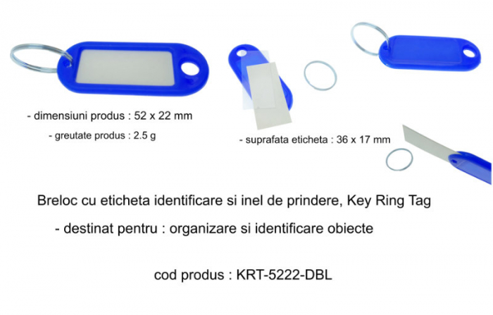 Breloc albastru intens cu eticheta identificare si inel de prindere, Key Ring Tag, 52 x 22 mm, din plastic [8]
