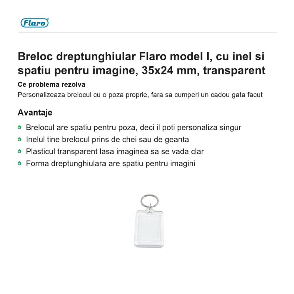 Breloc dreptunghiular Flaro model I, cu inel si spatiu pentru imagine, 35x24 mm, transparent [2]