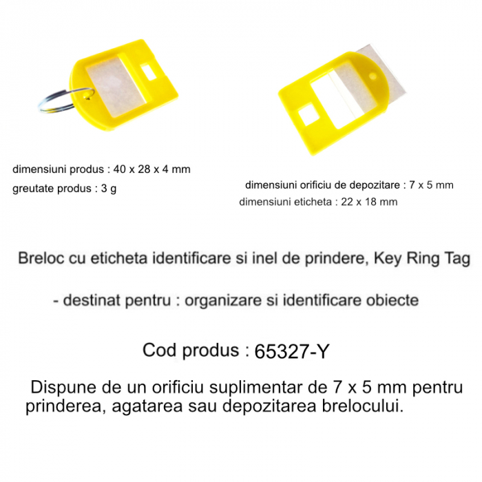 Breloc galben, 40 x 28 mm, cu eticheta de identificare si inel de prindere, Key Ring Tag, din plastic [4]