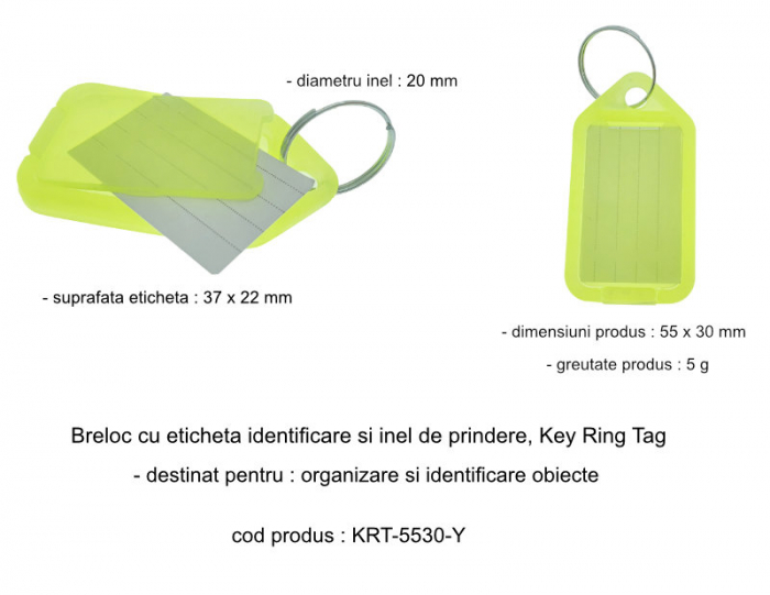 Breloc galben, 55 x 30 mm, cu eticheta identificare si inel de prindere, Key Ring Tag, din plastic [6]