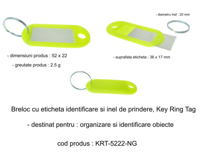 Breloc galben neon cu eticheta identificare si inel de prindere, Key Ring Tag, 52 x 22 mm, din plastic [6]