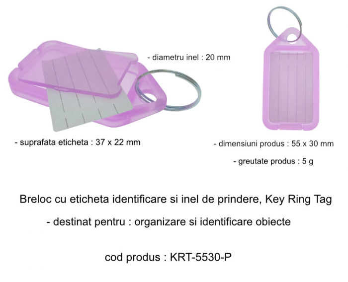 Breloc mov, 55 x 30 mm, cu eticheta identificare si inel de prindere, Key Ring Tag, din plastic [5]
