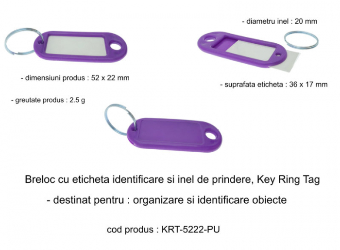 Breloc mov cu eticheta identificare si inel de prindere, Key Ring Tag, 52 x 22 mm, din plastic [6]