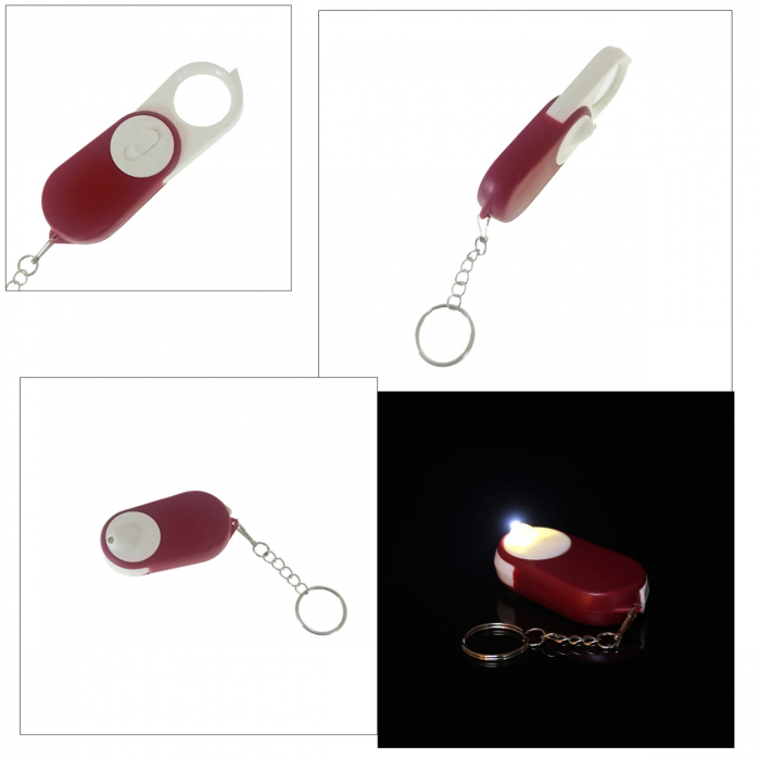Breloc multifunctional cu lumina LED si lupa 10X pliabila, cu lantisor si inel de prins la chei, rosu cu alb [4]