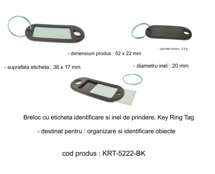 Breloc negru cu eticheta identificare si inel de prindere, Key Ring Tag, 52 x 22 mm, din plastic [6]