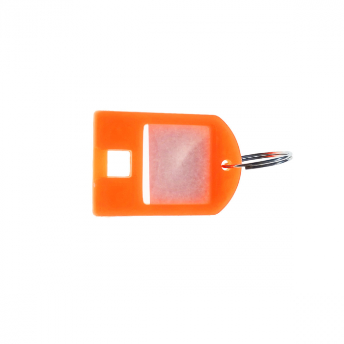 Breloc portocaliu, 40 x 28 mm, cu eticheta de identificare si inel de prindere, Key Ring Tag, din plastic [1]