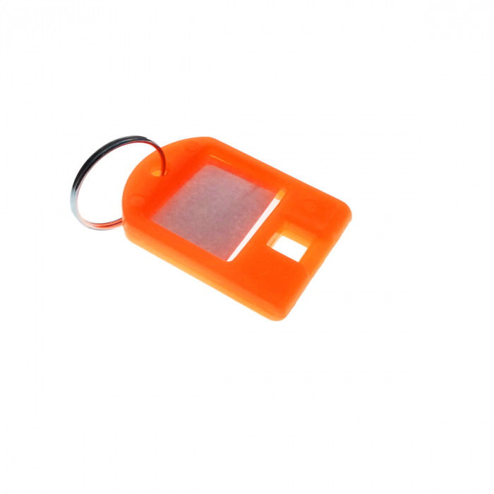 Breloc portocaliu, 40 x 28 mm, cu eticheta de identificare si inel de prindere, Key Ring Tag, din plastic [2]