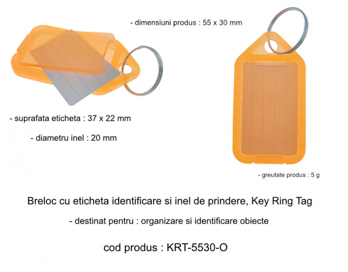 Breloc portocaliu, 55 x 30 mm, cu eticheta identificare si inel de prindere, Key Ring Tag, din plastic [5]