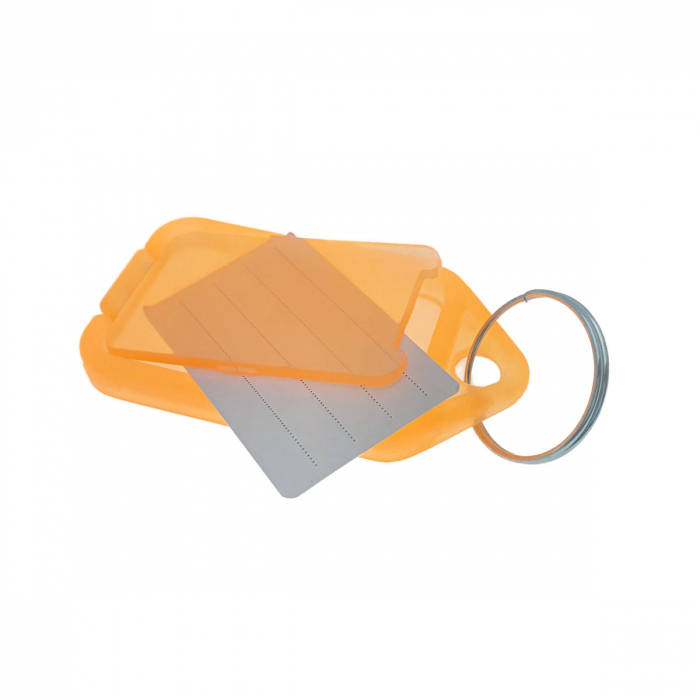 Breloc portocaliu, 55 x 30 mm, cu eticheta identificare si inel de prindere, Key Ring Tag, din plastic [2]