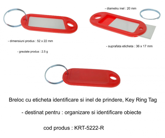 Breloc rosu cu eticheta identificare si inel de prindere, Key Ring Tag, 52 x 22 mm, din plastic [6]