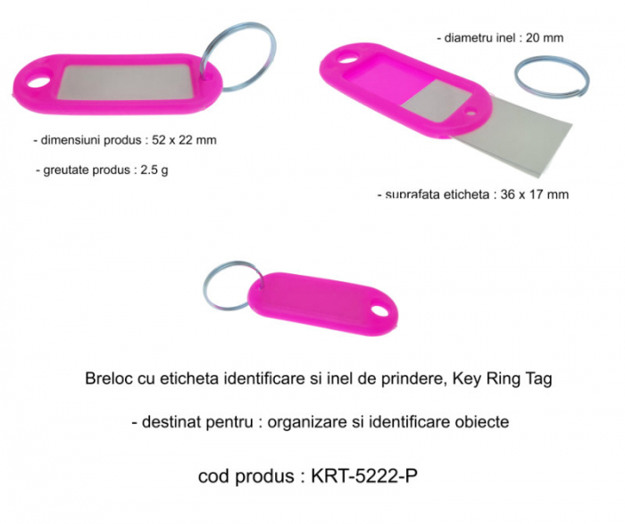 Breloc roz cu eticheta identificare si inel de prindere, Key Ring Tag, 52 x 22 mm, din plastic [6]