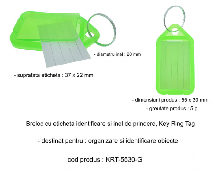 Breloc verde, 55 x 30 mm, cu eticheta identificare si inel de prindere, Key Ring Tag, din plastic [6]