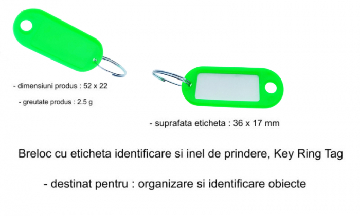 Breloc verde deschis cu eticheta identificare si inel de prindere, Key Ring Tag, 52 x 22 mm, din plastic [5]