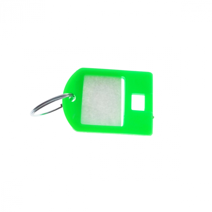 Breloc verde fosforescent, 40 x 28 mm, cu eticheta de identificare si inel de prindere, Key Ring Tag, din plastic [1]