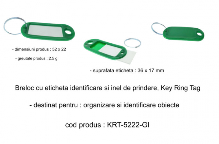 Breloc verde intens cu eticheta identificare si inel de prindere, Key Ring Tag, 52 x 22 mm, din plastic [5]