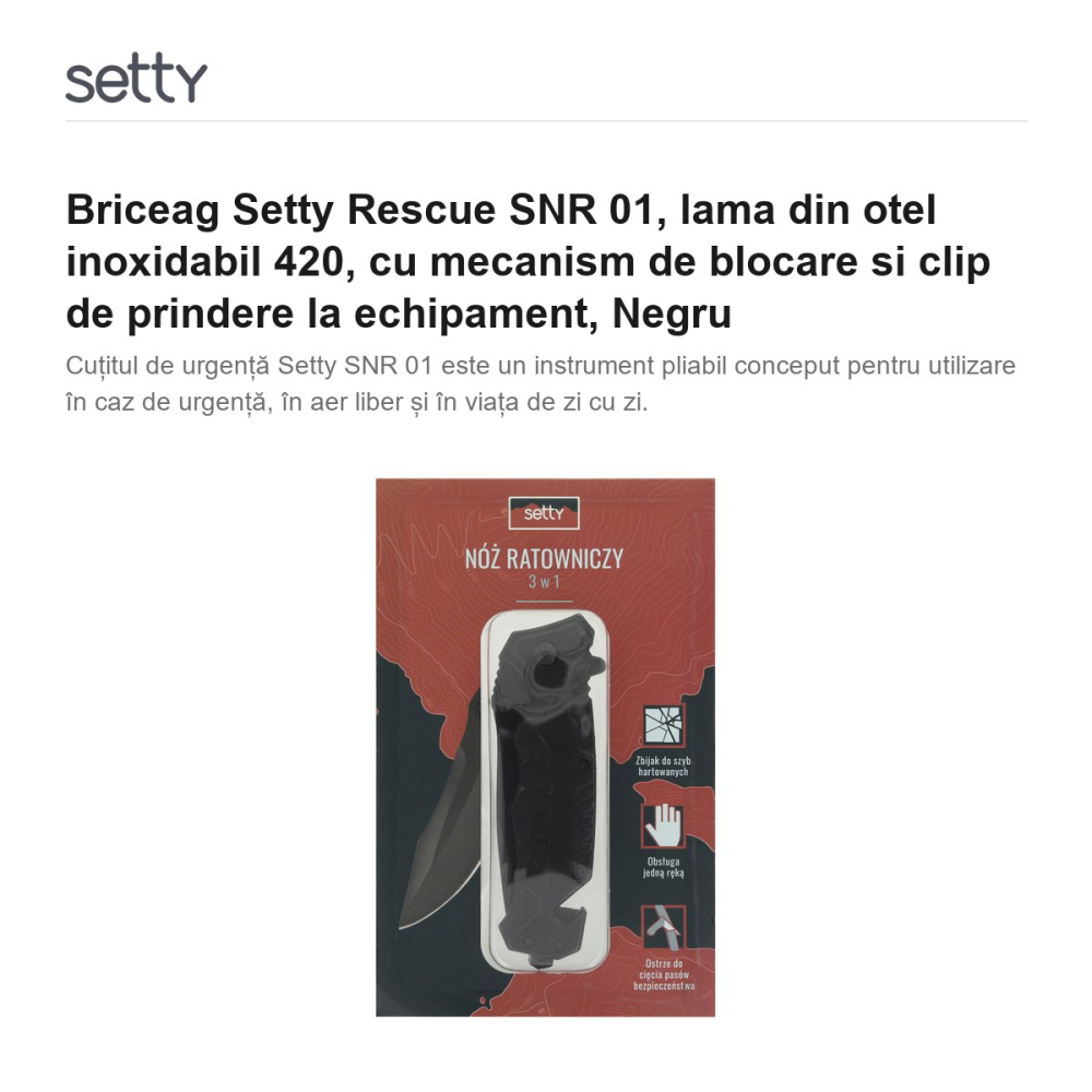 Briceag Setty Rescue SNR 01, lama din otel inoxidabil 420, cu mecanism de blocare si clip de prindere la echipament, Negru [2]