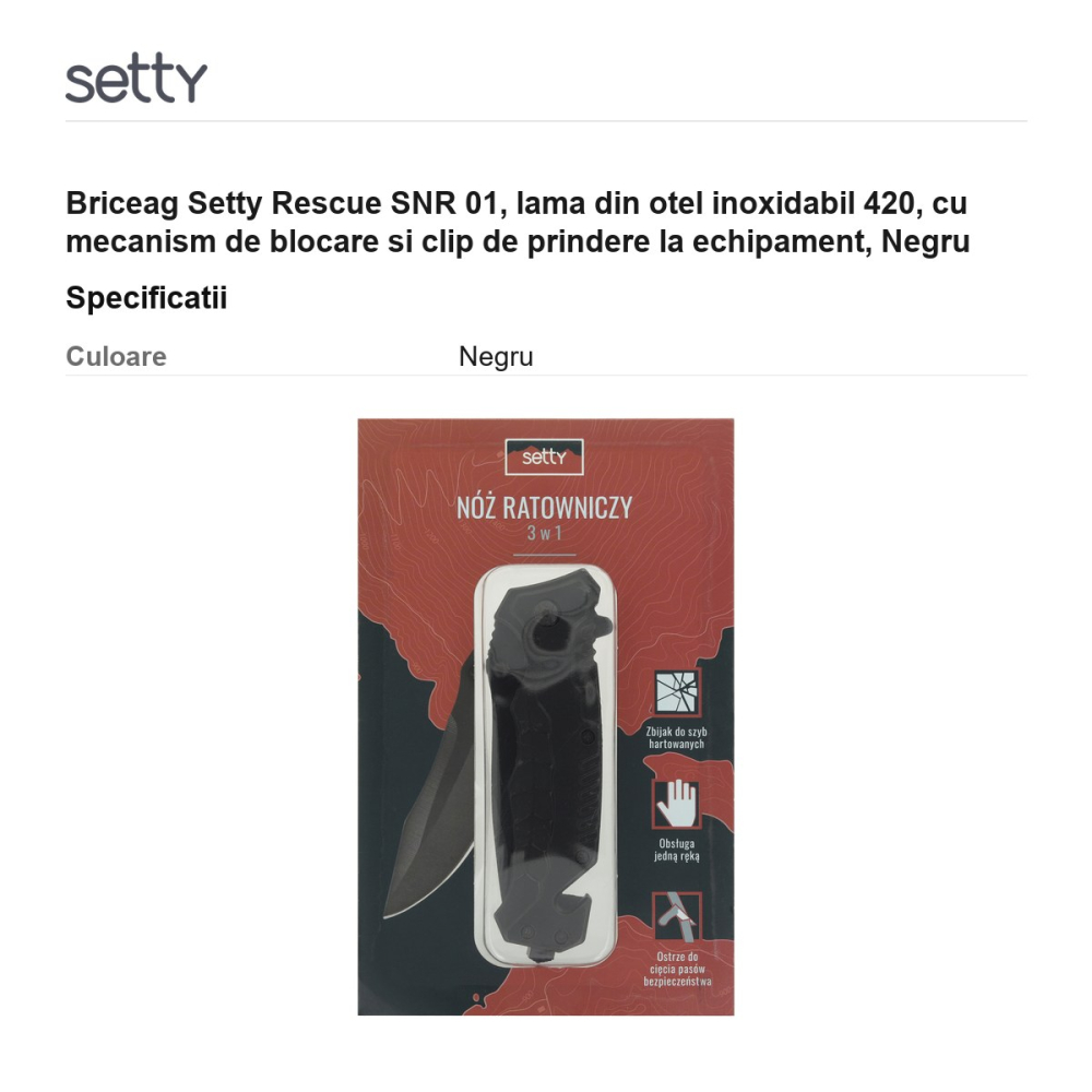 Briceag Setty Rescue SNR 01, lama din otel inoxidabil 420, cu mecanism de blocare si clip de prindere la echipament, Negru [3]