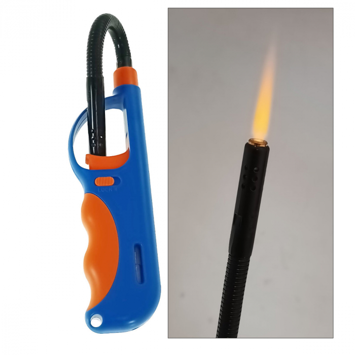 Bricheta cu gaz si aprinzator antivant, gat flexibil, rezervor reincarcabil, buton blocare, lungime 28 cm, albastru cu portocaliu [5]