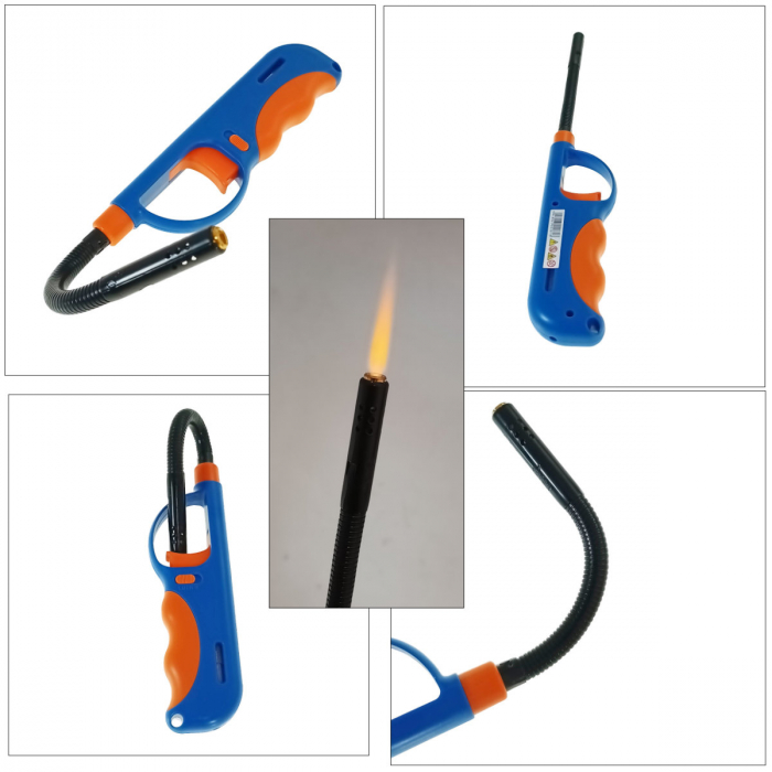 Bricheta cu gaz si aprinzator antivant, gat flexibil, rezervor reincarcabil, buton blocare, lungime 28 cm, albastru cu portocaliu [4]
