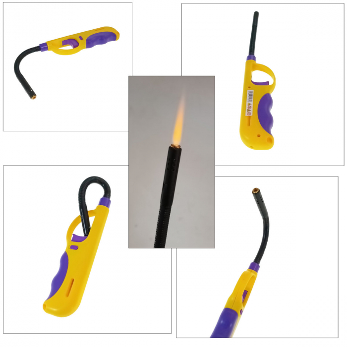 Bricheta cu gaz si aprinzator antivant, gat flexibil, rezervor reincarcabil, buton blocare, lungime 28 cm, galben cu mov [4]