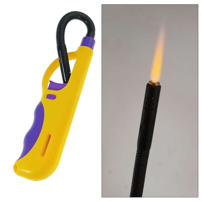 Bricheta cu gaz si aprinzator antivant, gat flexibil, rezervor reincarcabil, buton blocare, lungime 28 cm, galben cu mov [5]