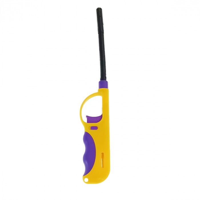 Bricheta cu gaz si aprinzator antivant, gat flexibil, rezervor reincarcabil, buton blocare, lungime 28 cm, galben cu mov [2]