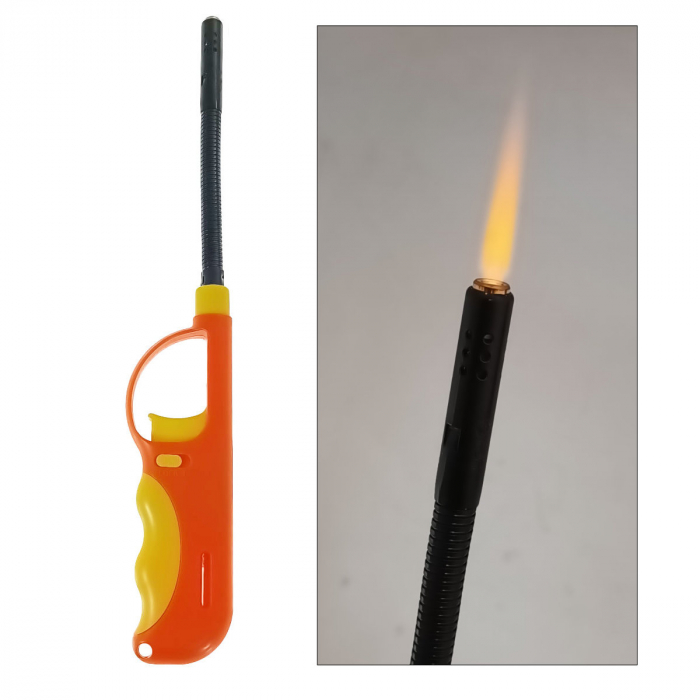 Bricheta cu gaz si aprinzator antivant, gat flexibil, rezervor reincarcabil, buton blocare, lungime 28 cm, portocaliu cu galben [5]