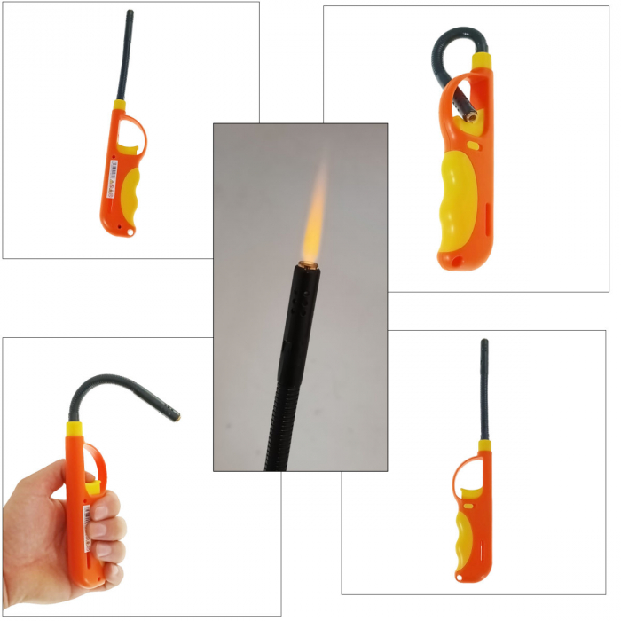 Bricheta cu gaz si aprinzator antivant, gat flexibil, rezervor reincarcabil, buton blocare, lungime 28 cm, portocaliu cu galben [4]