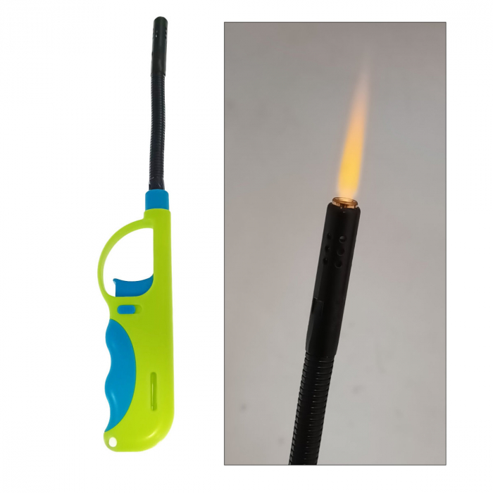 Bricheta cu gaz si aprinzator antivant, gat flexibil, rezervor reincarcabil, buton blocare, lungime 28 cm, verde cu albastru [5]