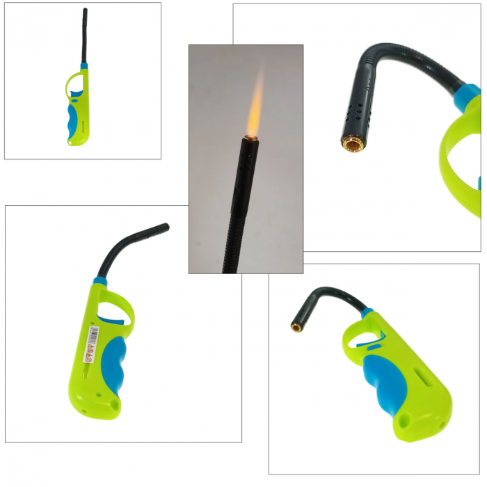 Bricheta cu gaz si aprinzator antivant, gat flexibil, rezervor reincarcabil, buton blocare, lungime 28 cm, verde cu albastru [4]