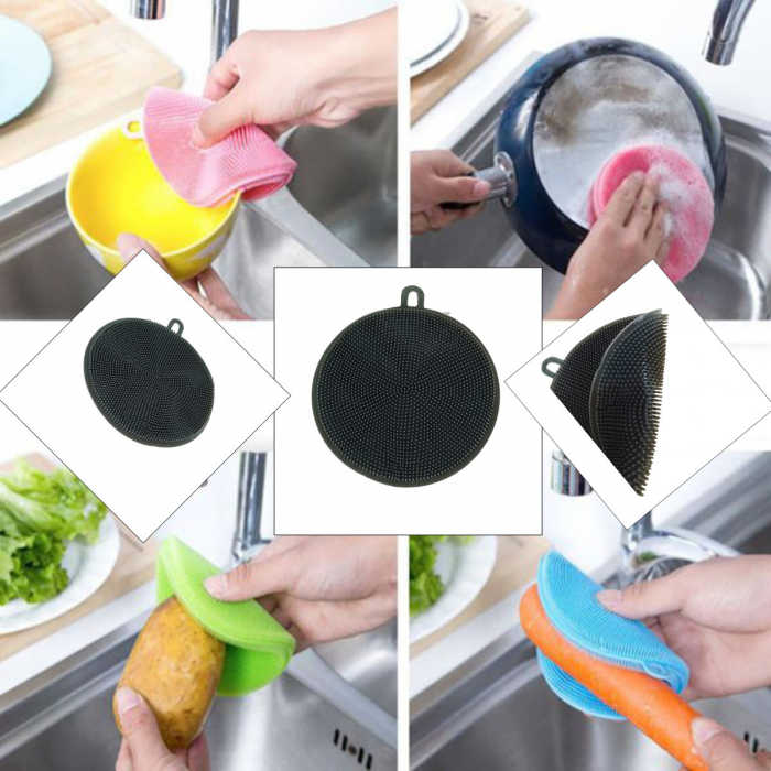 Burete din silicon pentru spalare, multifunctional, dimensiuni 113 x 113 x 9 mm, forma tip cerc, 41749, gri [5]
