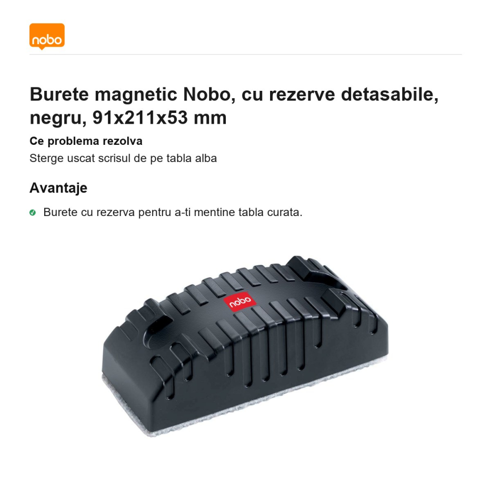 Burete magnetic Nobo, cu rezerve detasabile, negru, 91x211x53 mm [2]