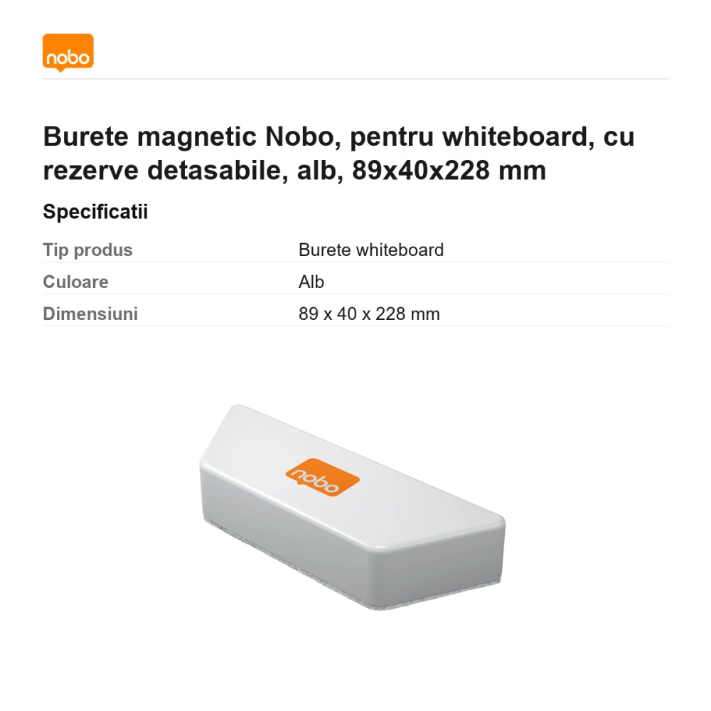 Burete magnetic Nobo, pentru whiteboard, cu rezerve detasabile, alb, 89x40x228 mm [3]
