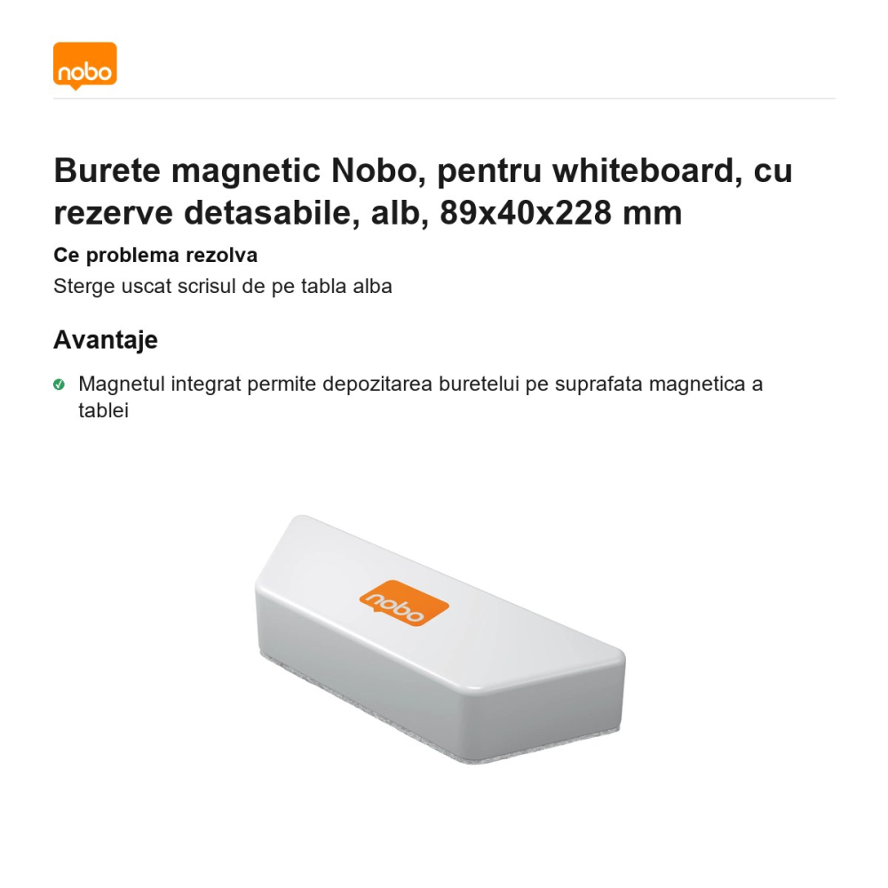 Burete magnetic Nobo, pentru whiteboard, cu rezerve detasabile, alb, 89x40x228 mm [2]