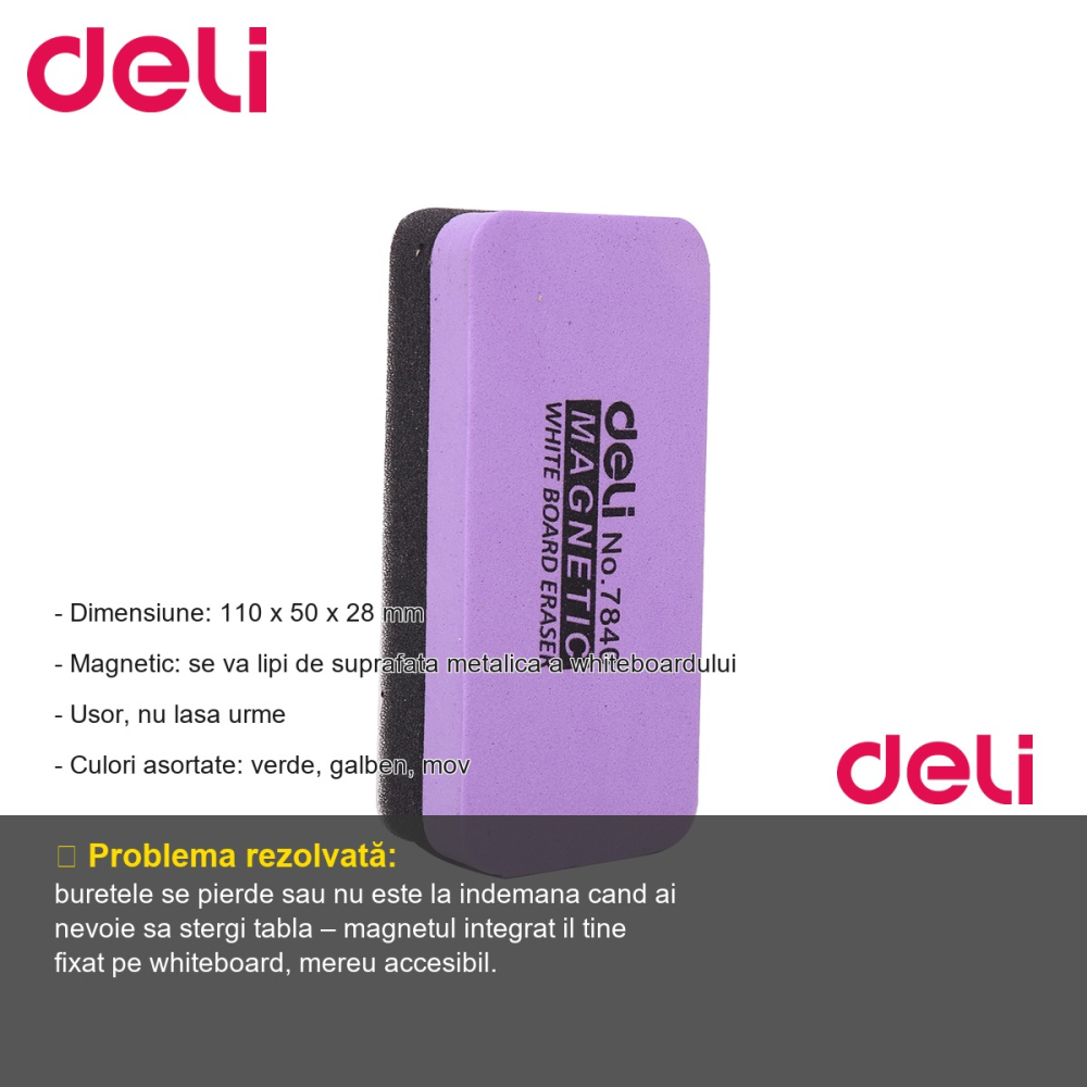 Burete magnetic pentru whiteboard Deli, culori asortate, pentru stergerea tablelor albe [2]