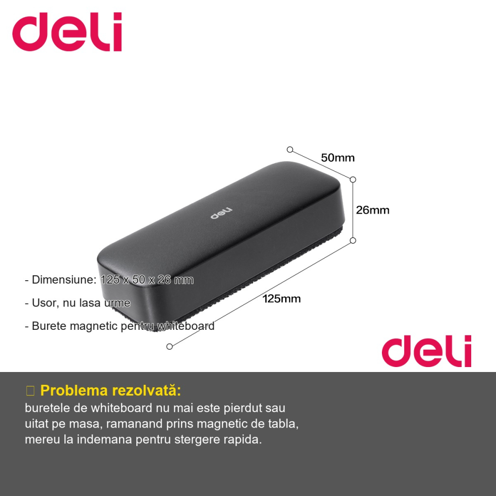 Burete magnetic pentru whiteboard Deli, prindere directa pe suprafata metalica, pentru stergere rapida [2]